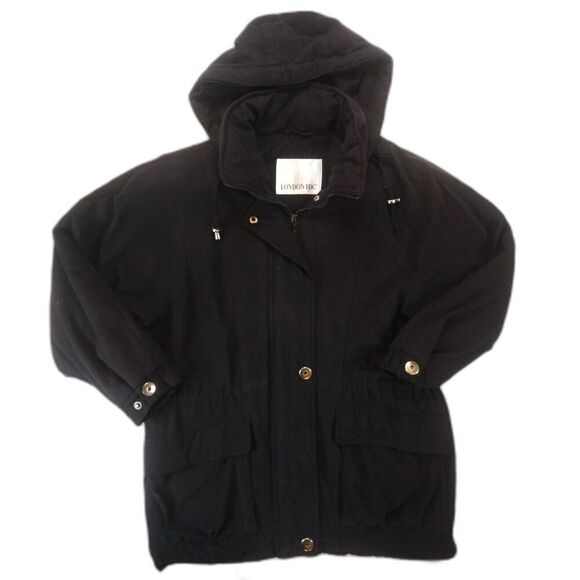 London Fog Women's Zip Up Bomber Jacket with Snap Buttons XS Hooded Black